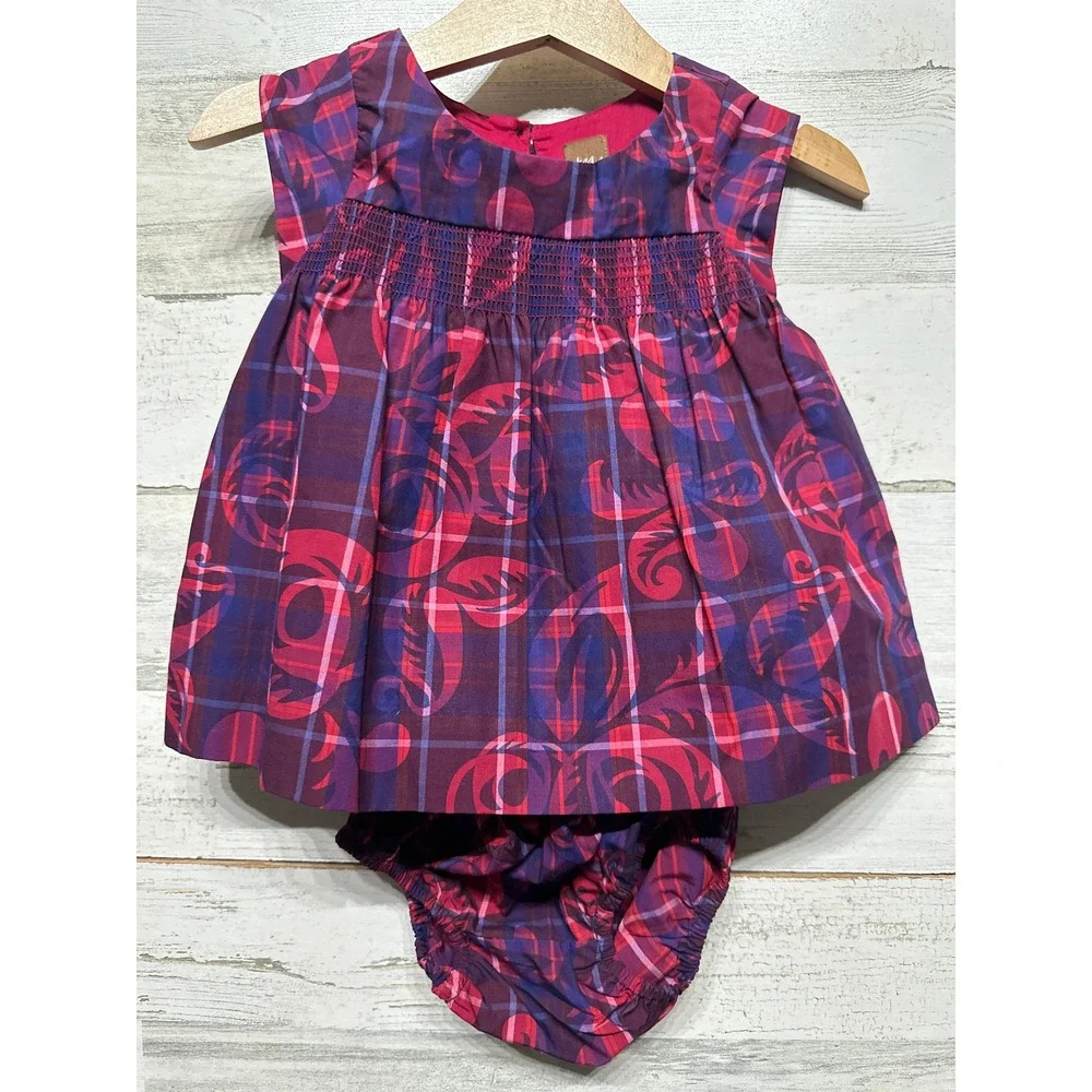 Tea Collection Dress Set Girls 3-6M Purple Pink Plaid Smocked Floral NWT